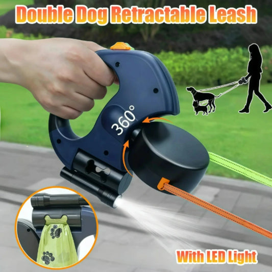 DuoLeash Pro retractable dual dog leash with LED and bag dispenser - Red